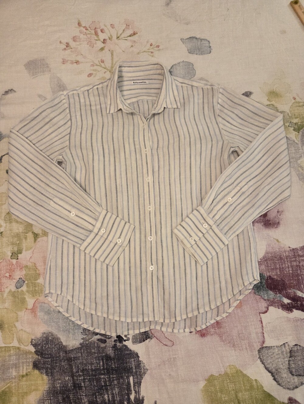 REFORMATION Preston White Blue Striped 100% Linen Button Down Shirt Women's SZ M - Picture 8 of 13